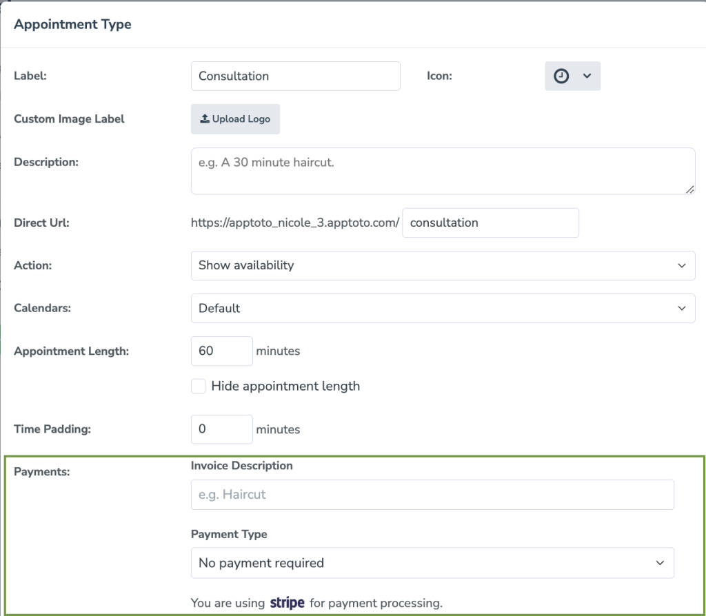 Set the payment requirements for individual appointment types via booking page settings.